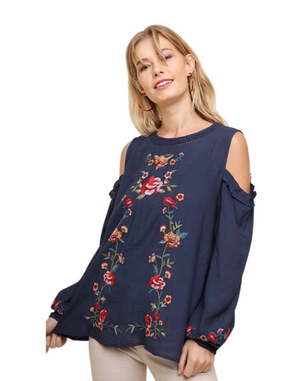 Umgee Navy Cold-Shoulder Embroidered Floral Blouse size M